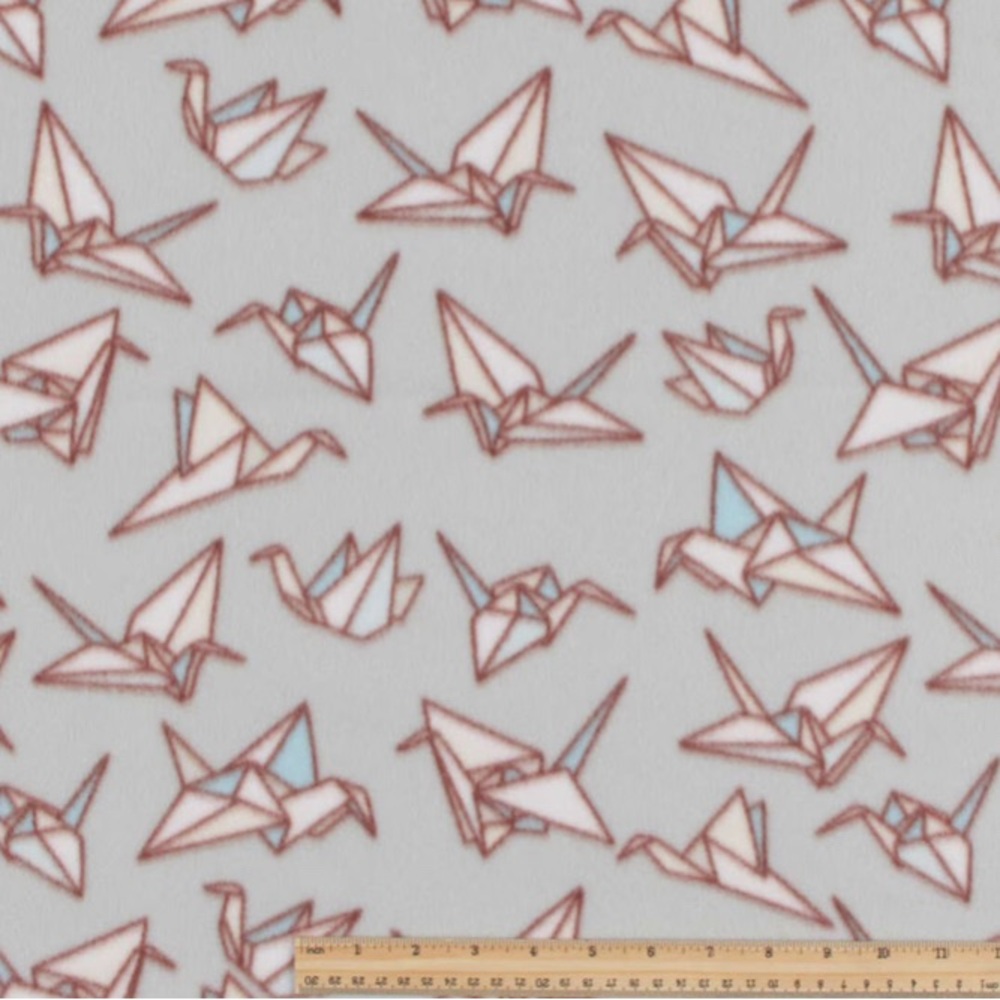 Fleece Fabric Origami Crane Patterned Fabric - Gray and Pink